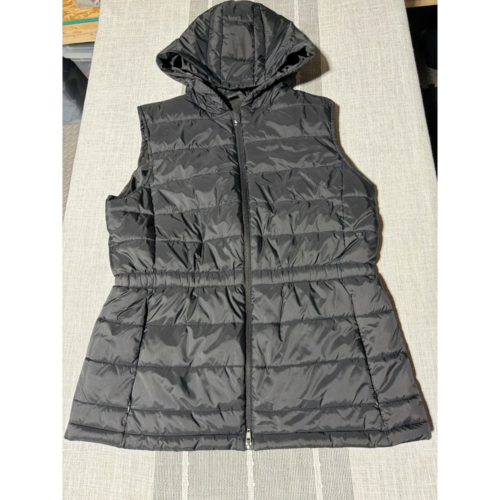 Womens Black Quilted Puffer Vest Hooded Full Zip large Jacket Cinched Waist